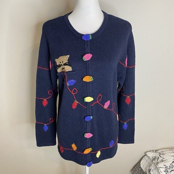 Vintage Quacker Factory Cat Holiday Christmas Light Sweater Cardigan Blue Medium - Picture 2 of 12